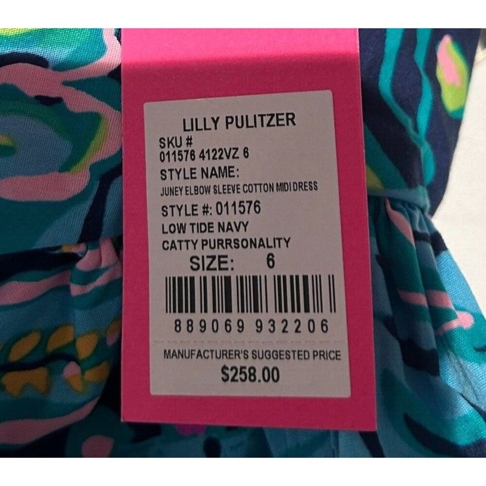 New LILLY PULITZER Juney Puff Sleeve Faux Wrap Dress Low Tide Navy Catty 6 - Picture 5 of 6
